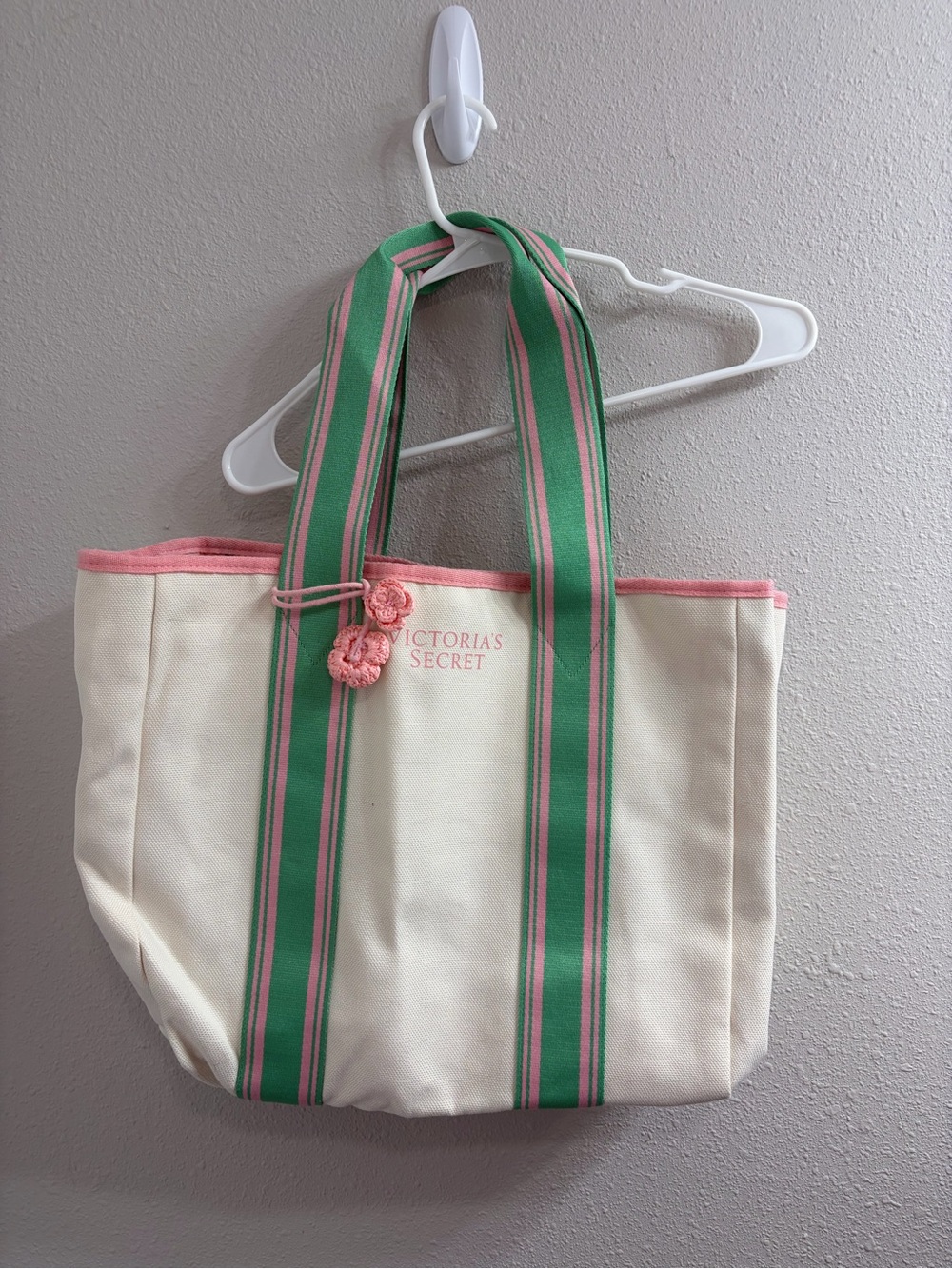 Victoria's Secret Cream Canvas Tote with Green & Pink Striped Handles